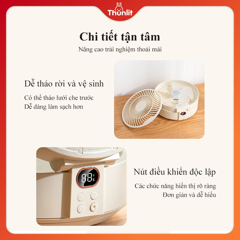 Quạt treo tường lắc đầu Thunlit 4000mAh 7 Inch gắn tường có đèn ban đêm đa ứng dụng cho gia đình hoặc cắm trại