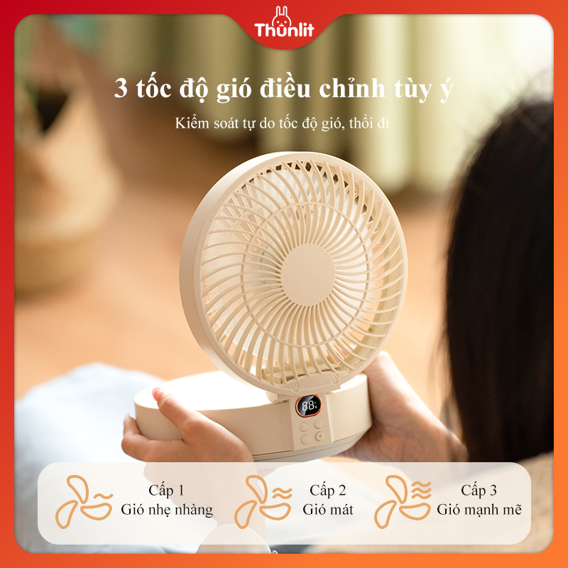 Quạt treo tường lắc đầu Thunlit 4000mAh 7 Inch gắn tường có đèn ban đêm đa ứng dụng cho gia đình hoặc cắm trại