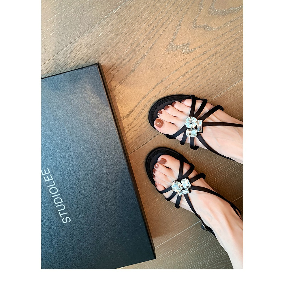 Giày Sandal Đế Bằng Đính Đá Thời Trang Mùa Hè Cho Nữ