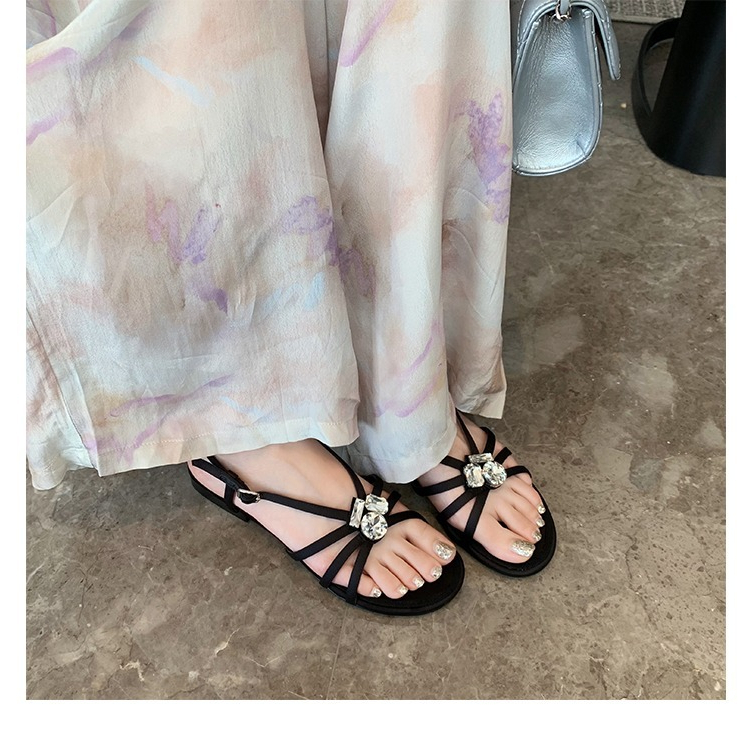 Giày Sandal Đế Bằng Đính Đá Thời Trang Mùa Hè Cho Nữ