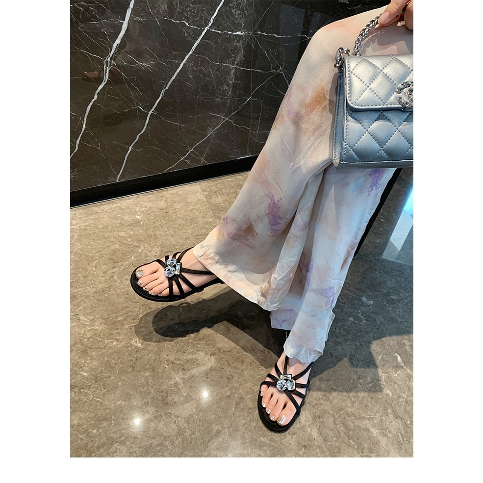 Giày Sandal Đế Bằng Đính Đá Thời Trang Mùa Hè Cho Nữ