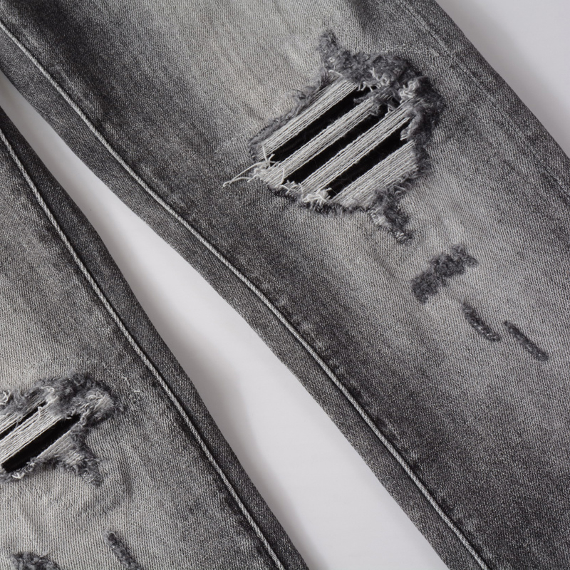 High Street AMIRI Jeans Fashion Brand Men Jeans Retro Gray Elastic Stretch Skinny Ripped Denim Pants