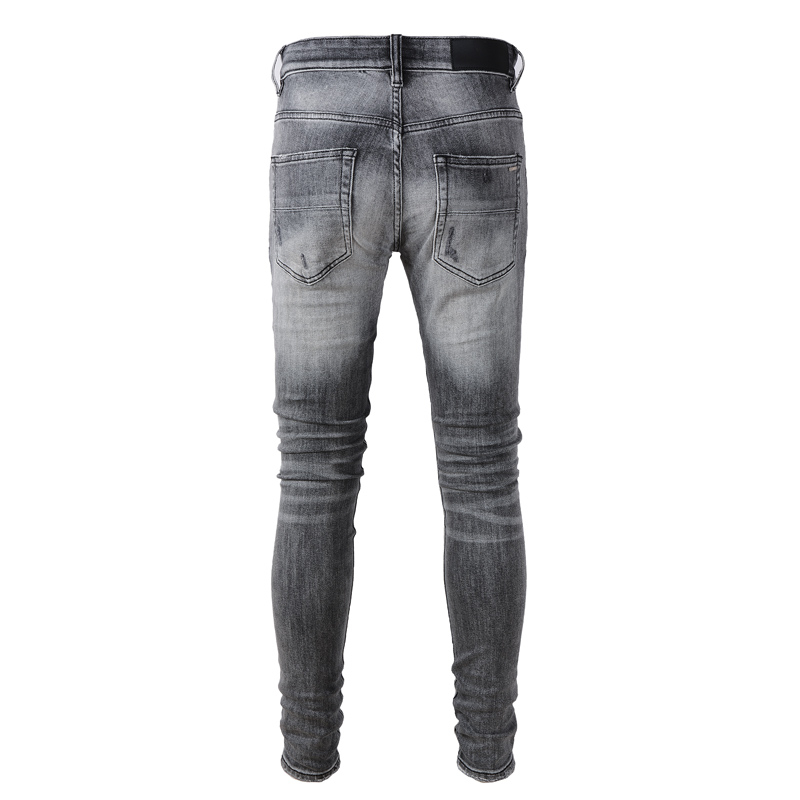 High Street AMIRI Jeans Fashion Brand Men Jeans Retro Gray Elastic Stretch Skinny Ripped Denim Pants