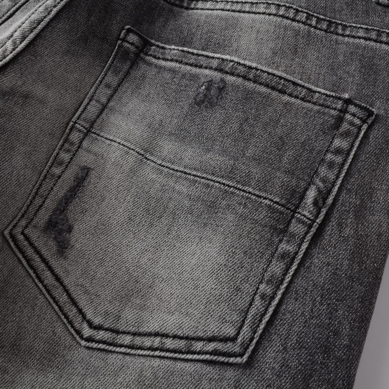 High Street AMIRI Jeans Fashion Brand Men Jeans Retro Gray Elastic Stretch Skinny Ripped Denim Pants