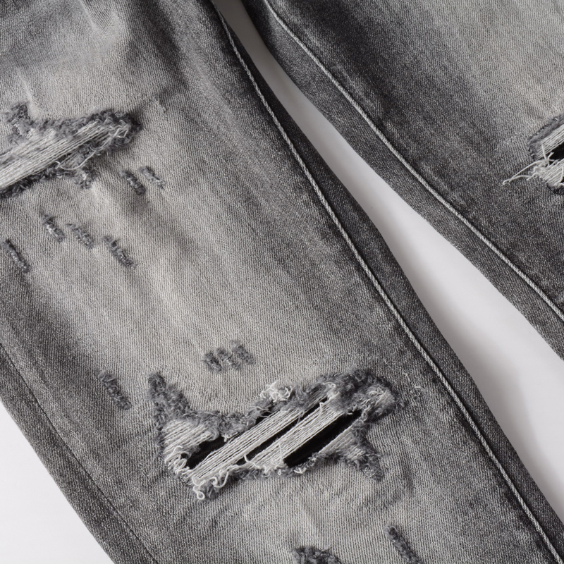 High Street AMIRI Jeans Fashion Brand Men Jeans Retro Gray Elastic Stretch Skinny Ripped Denim Pants