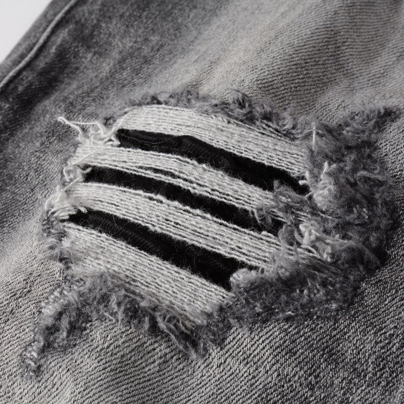 High Street AMIRI Jeans Fashion Brand Men Jeans Retro Gray Elastic Stretch Skinny Ripped Denim Pants