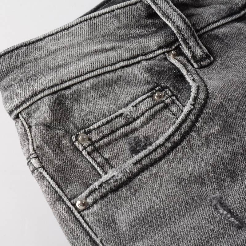 High Street AMIRI Jeans Fashion Brand Men Jeans Retro Gray Elastic Stretch Skinny Ripped Denim Pants