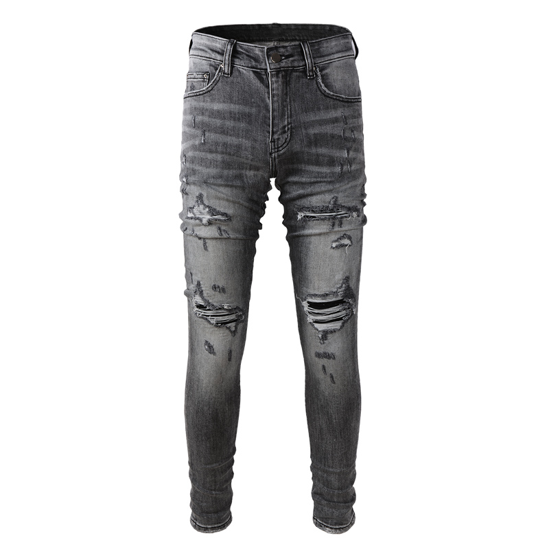 High Street AMIRI Jeans Fashion Brand Men Jeans Retro Gray Elastic Stretch Skinny Ripped Denim Pants