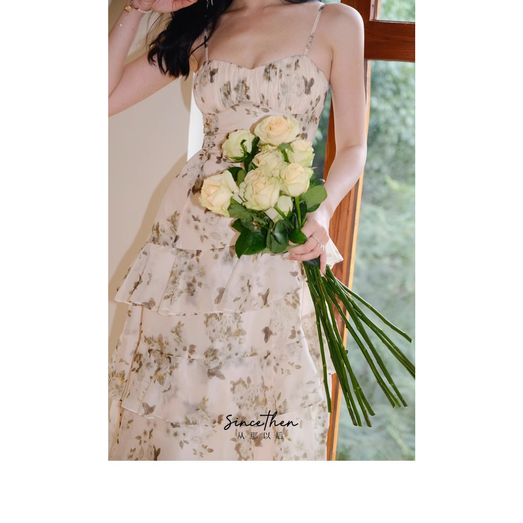 Đầm Hai Dây Dáng Dài Họa Tiết Hoa Phong Cách Retro Pháp