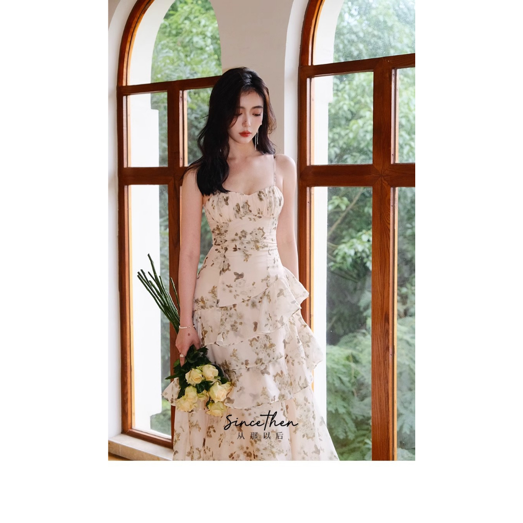 Đầm Hai Dây Dáng Dài Họa Tiết Hoa Phong Cách Retro Pháp