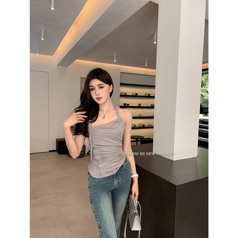 Áo Hai Dây Mỏng Eo Hẹp Bằng Kim Loại Kiểu Pháp Ngọt Ngào Cho Nữ