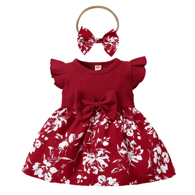 Đầm Đỏ In Hoa Tay Bay Kèm Băng Đô Cài Tóc Xinh Xắn Cho Bé Gái