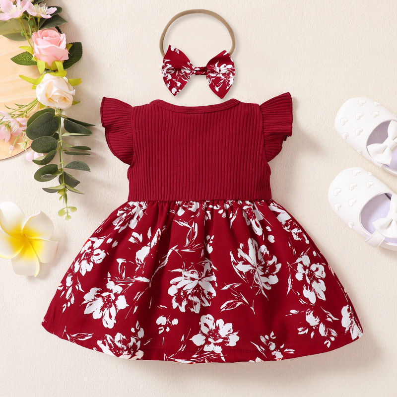 Đầm Đỏ In Hoa Tay Bay Kèm Băng Đô Cài Tóc Xinh Xắn Cho Bé Gái
