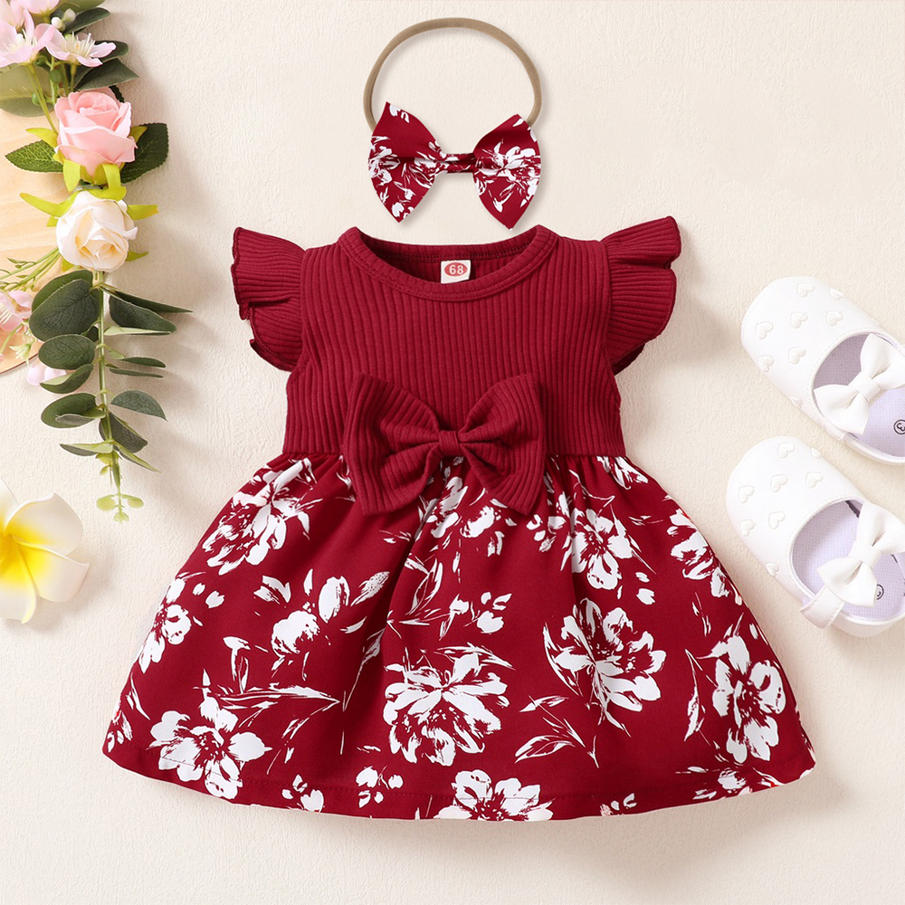 Đầm Đỏ In Hoa Tay Bay Kèm Băng Đô Cài Tóc Xinh Xắn Cho Bé Gái