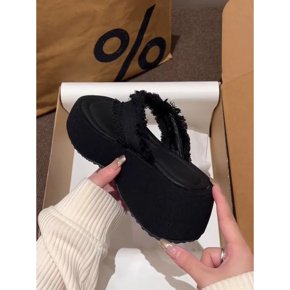 Dép Denim Đế Dày Đính Tua Rua Thời Trang Mùa Hè 2023 Mới Cho Nữ