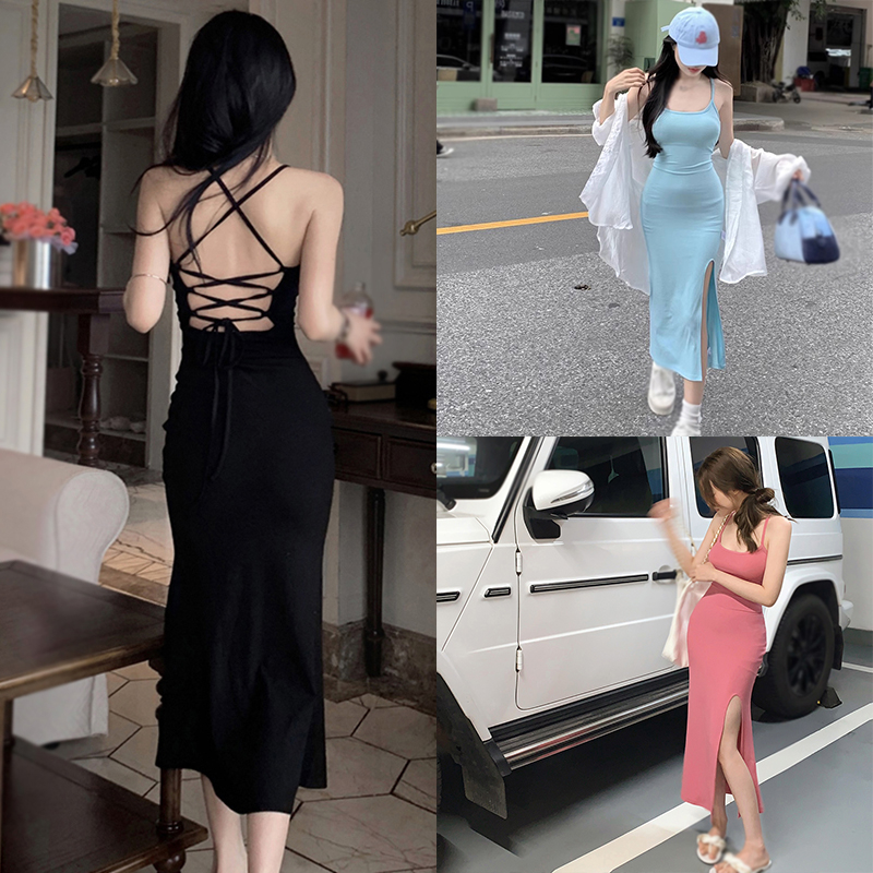 Đầm Hai Dây Dáng Ôm Dài Có Mút Đệm Ngực Xẻ Tà Thời Trang Mùa Hè Phong Cách Hàn Quốc Dành Cho Bạn Nữ