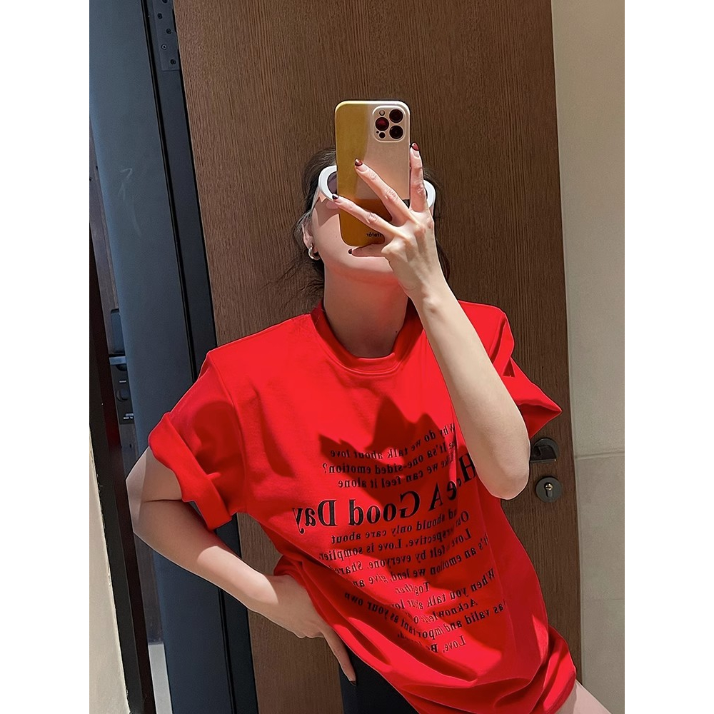 1 Áo Thun Tay Ngắn Dáng Rộng Màu Đen / Trắng In Chữ Thời Trang Mùa Hè 2023 Cho Nữ