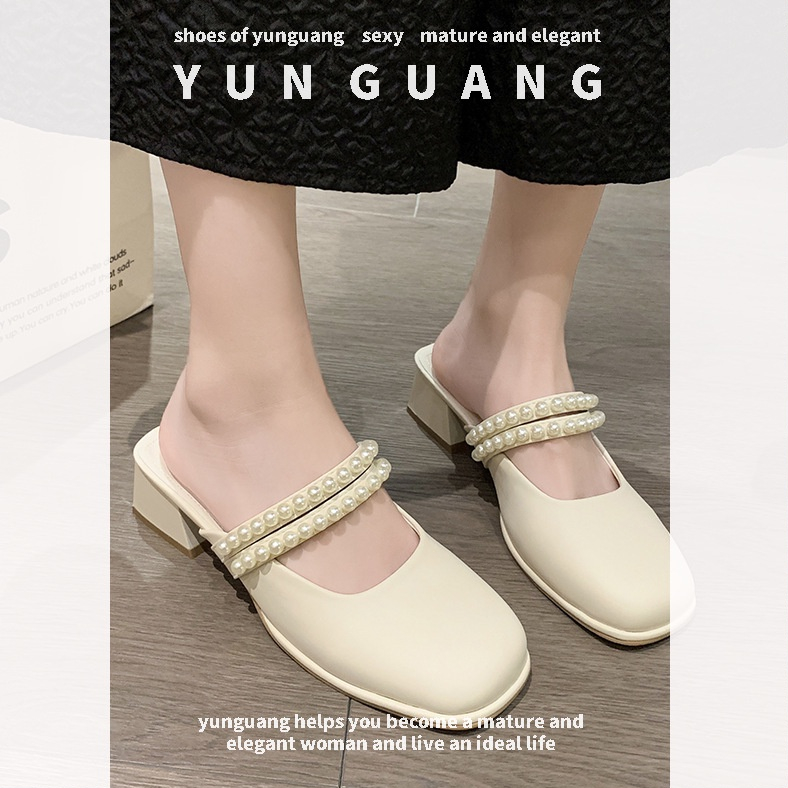 Dép bít mũi YUNGUANG đế dày đính ngọc trai thời trang mùa hè cho nữ