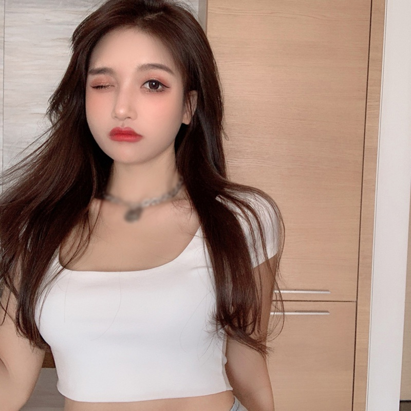 Áo Croptop Tay Ngắn Cổ Chữ U Màu Trơn Phong Cách Hàn Quốc