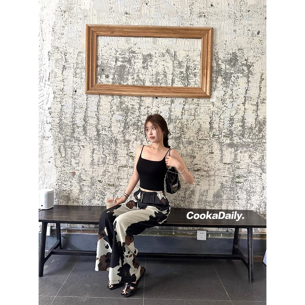 Quần Dài Dáng Rộng Lưng Thun Co Giãn Ôm Dáng Họa Tiết Bò Sữa Nhỏ Thời Trang Cho Nữ