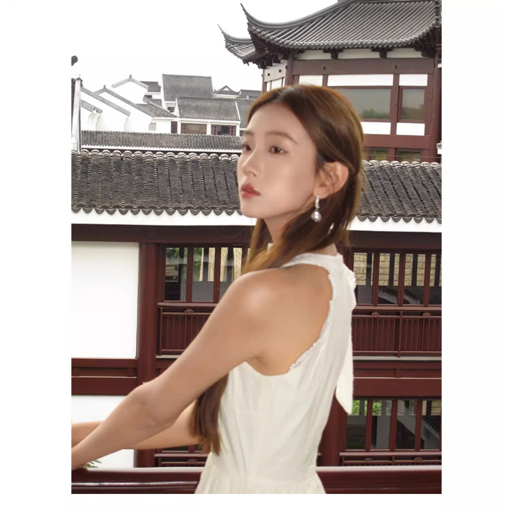 Đầm Dài Cổ Cao Cột Dây Nơ Thời Trang Mùa Hè Phong Cách Pháp Cho Nữ