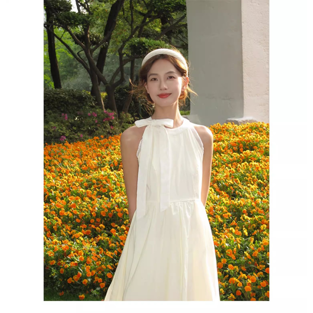 Đầm Dài Cổ Cao Cột Dây Nơ Thời Trang Mùa Hè Phong Cách Pháp Cho Nữ