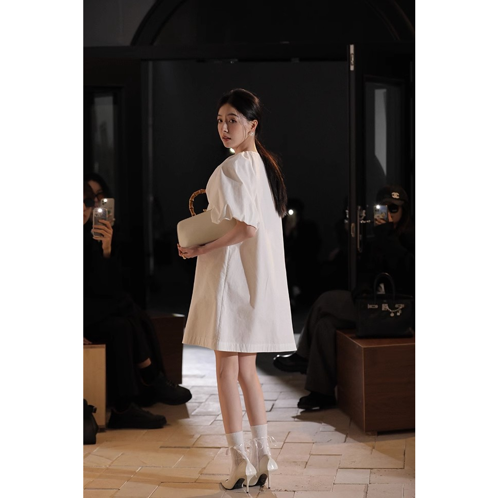 Đầm Sơ Mi Trắng Cổ Chữ V Tay Phồng Chất Cotton Thời Trang Mùa Hè Xinh Xắn Cho Nữ