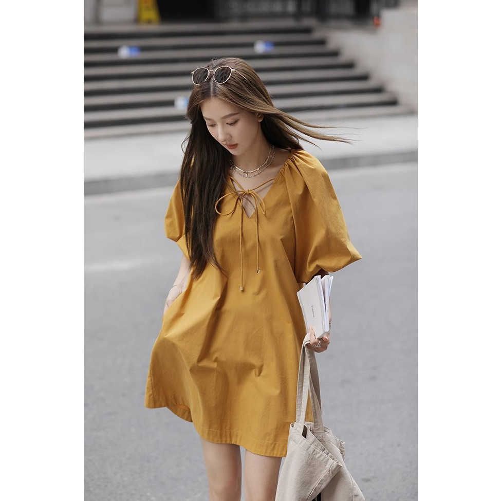 Đầm Sơ Mi Trắng Cổ Chữ V Tay Phồng Chất Cotton Thời Trang Mùa Hè Xinh Xắn Cho Nữ