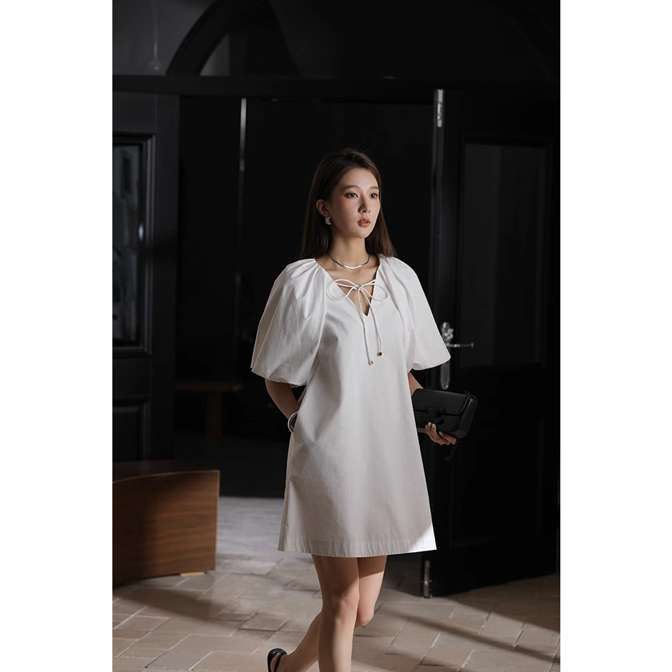 Đầm Sơ Mi Trắng Cổ Chữ V Tay Phồng Chất Cotton Thời Trang Mùa Hè Xinh Xắn Cho Nữ