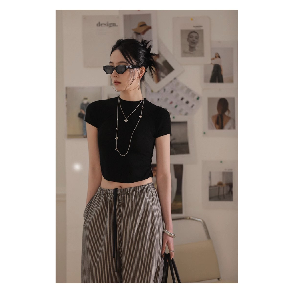 Áo Thun Dệt Kim Ngắn Tay Ôm Dáng Thiết Kế Xếp Ly Viền Cạnh Màu Hồng Cho Nữ