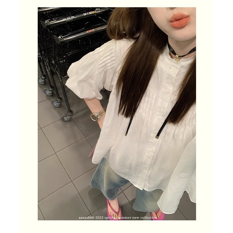 Áo Sơ Mi Trắng Tay Lửng Cổ Tròn Ngọt Ngào Dễ Phối Đồ Thời Trang Mùa Hè Cho Nữ