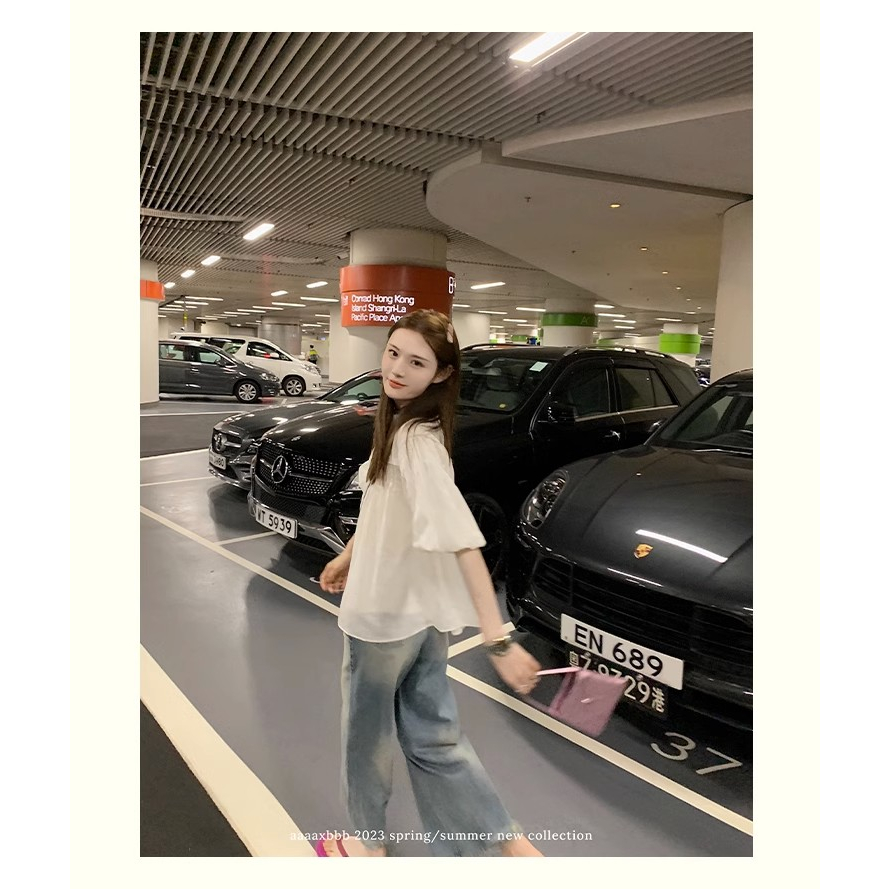 Áo Sơ Mi Trắng Tay Lửng Cổ Tròn Ngọt Ngào Dễ Phối Đồ Thời Trang Mùa Hè Cho Nữ