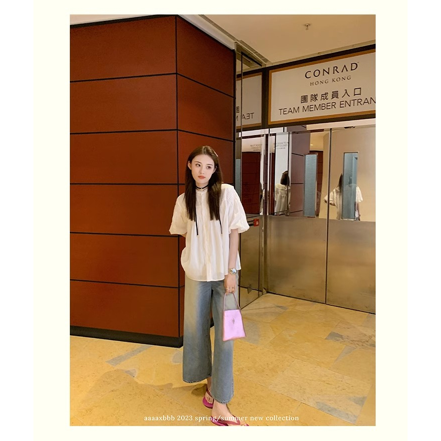 Áo Sơ Mi Trắng Tay Lửng Cổ Tròn Ngọt Ngào Dễ Phối Đồ Thời Trang Mùa Hè Cho Nữ