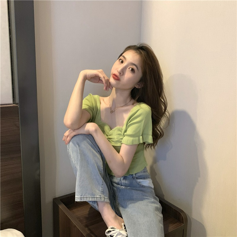 ZHELIHANGFEI Áo Kiểu Tay Phồng Ngắn Cổ Vuông Phong Cách Pháp Ngọt Ngào Cho Nữ