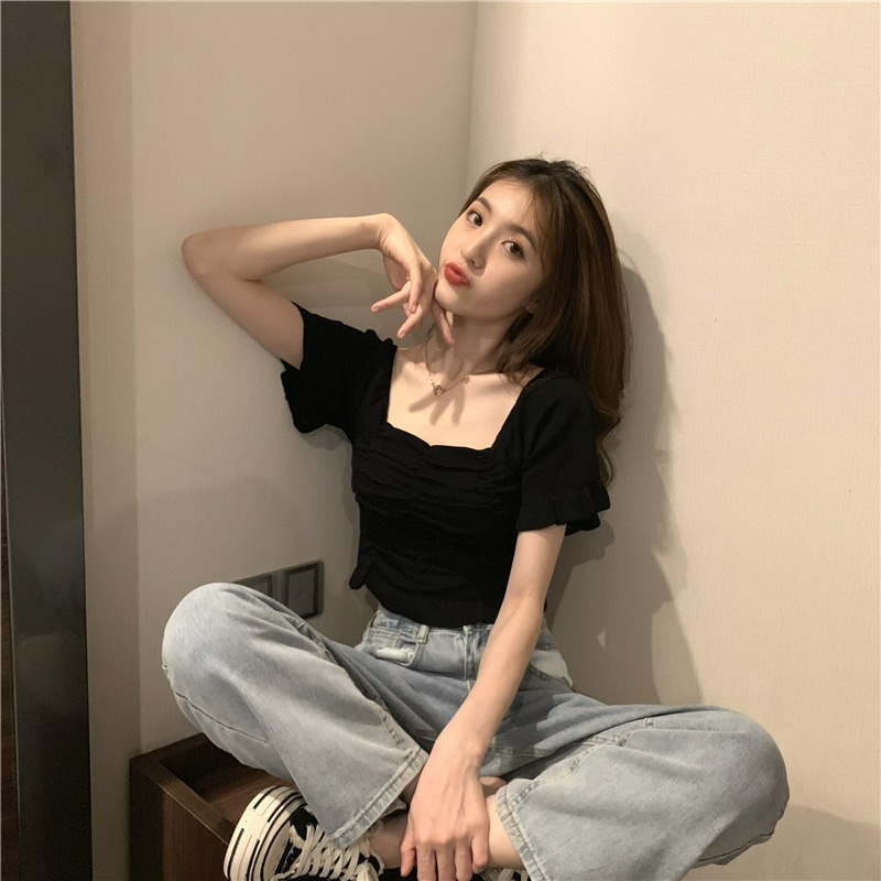 ZHELIHANGFEI Áo Kiểu Tay Phồng Ngắn Cổ Vuông Phong Cách Pháp Ngọt Ngào Cho Nữ