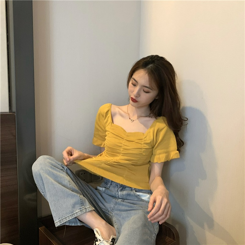 ZHELIHANGFEI Áo Kiểu Tay Phồng Ngắn Cổ Vuông Phong Cách Pháp Ngọt Ngào Cho Nữ