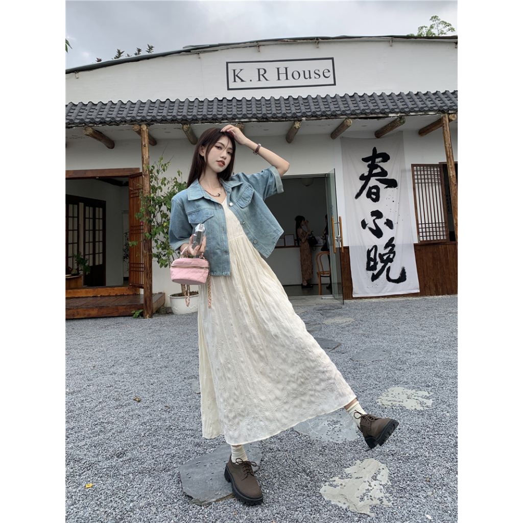 Ethelgirl Áo Khoác Denim Ngắn Tay Dáng Rộng Phối Nút Thời Trang Vintage Hàn Quốc