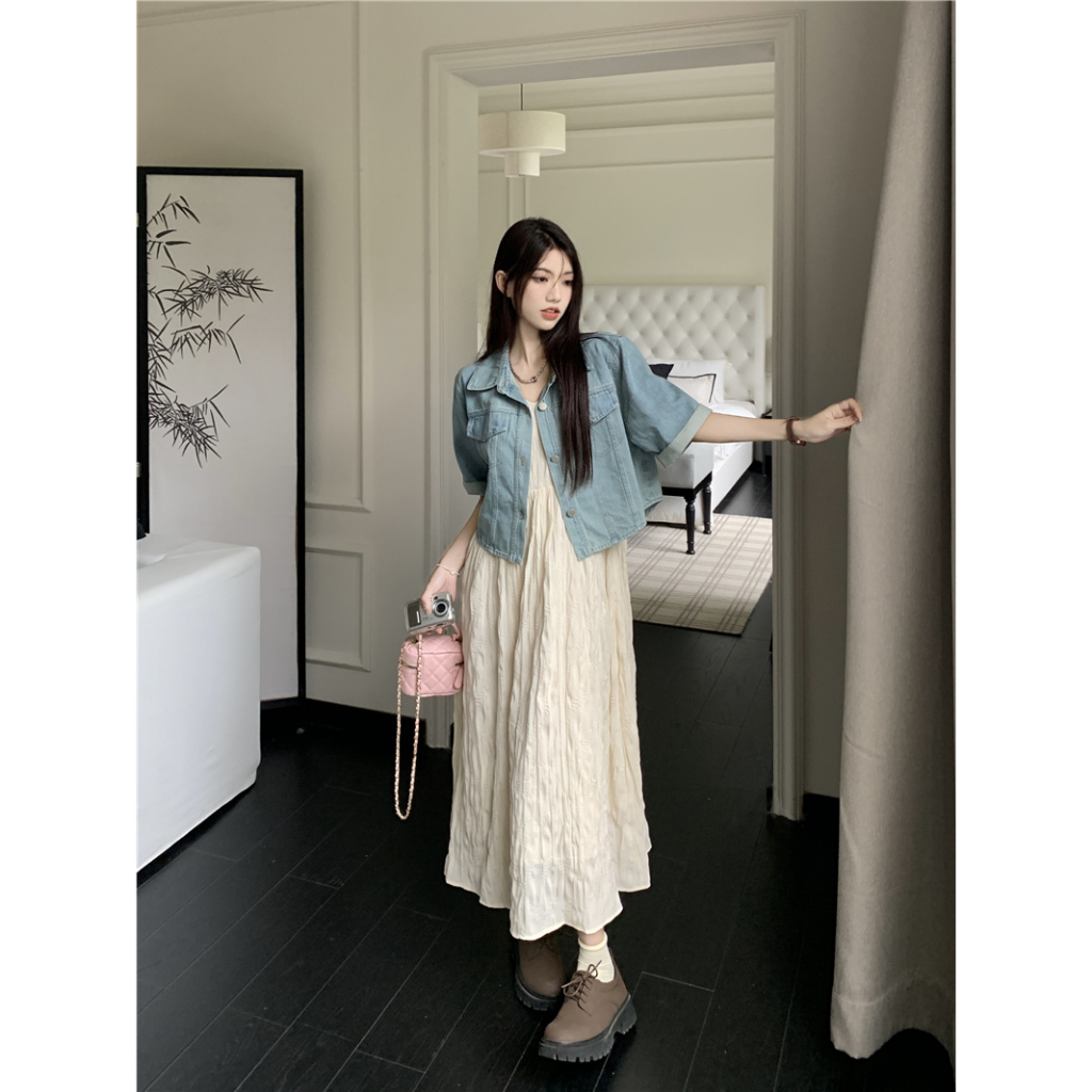 Ethelgirl Áo Khoác Denim Ngắn Tay Dáng Rộng Phối Nút Thời Trang Vintage Hàn Quốc
