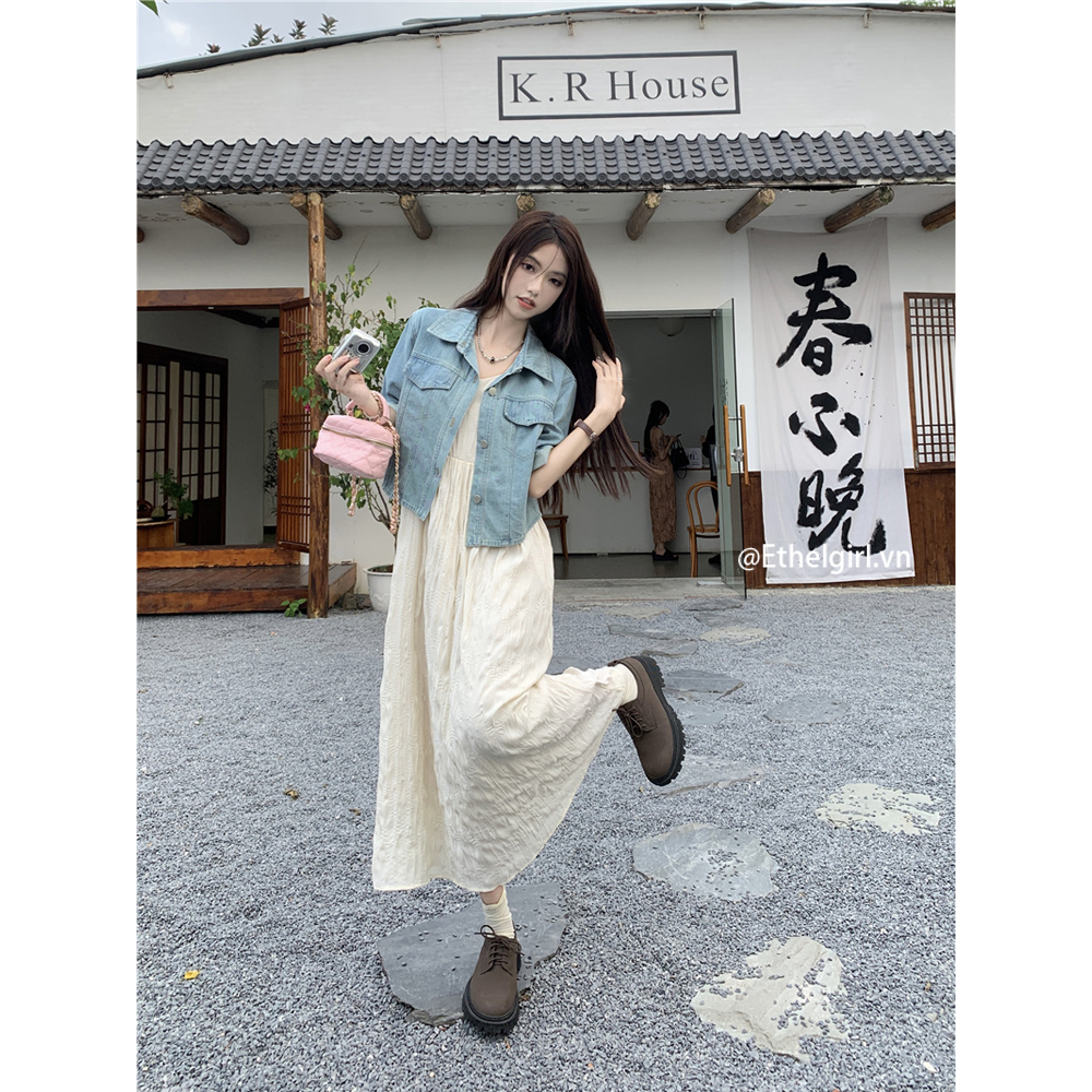 Ethelgirl Áo Khoác Denim Ngắn Tay Dáng Rộng Phối Nút Thời Trang Vintage Hàn Quốc