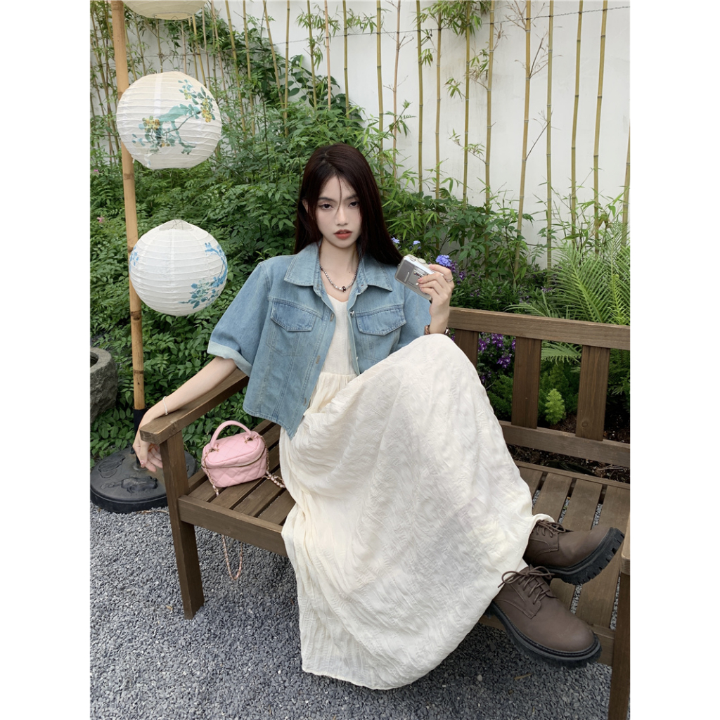 Ethelgirl Áo Khoác Denim Ngắn Tay Dáng Rộng Phối Nút Thời Trang Vintage Hàn Quốc