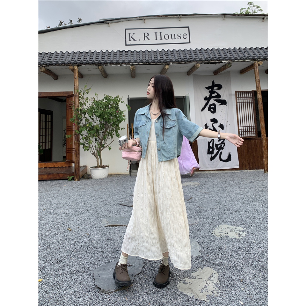 Ethelgirl Áo Khoác Denim Ngắn Tay Dáng Rộng Phối Nút Thời Trang Vintage Hàn Quốc