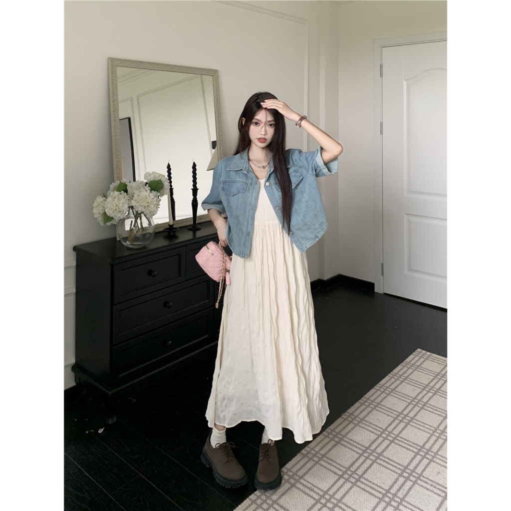 Ethelgirl Áo Khoác Denim Ngắn Tay Dáng Rộng Phối Nút Thời Trang Vintage Hàn Quốc