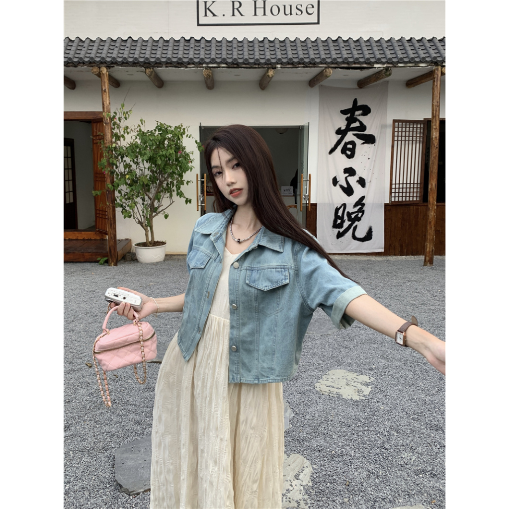 Ethelgirl Áo Khoác Denim Ngắn Tay Dáng Rộng Phối Nút Thời Trang Vintage Hàn Quốc