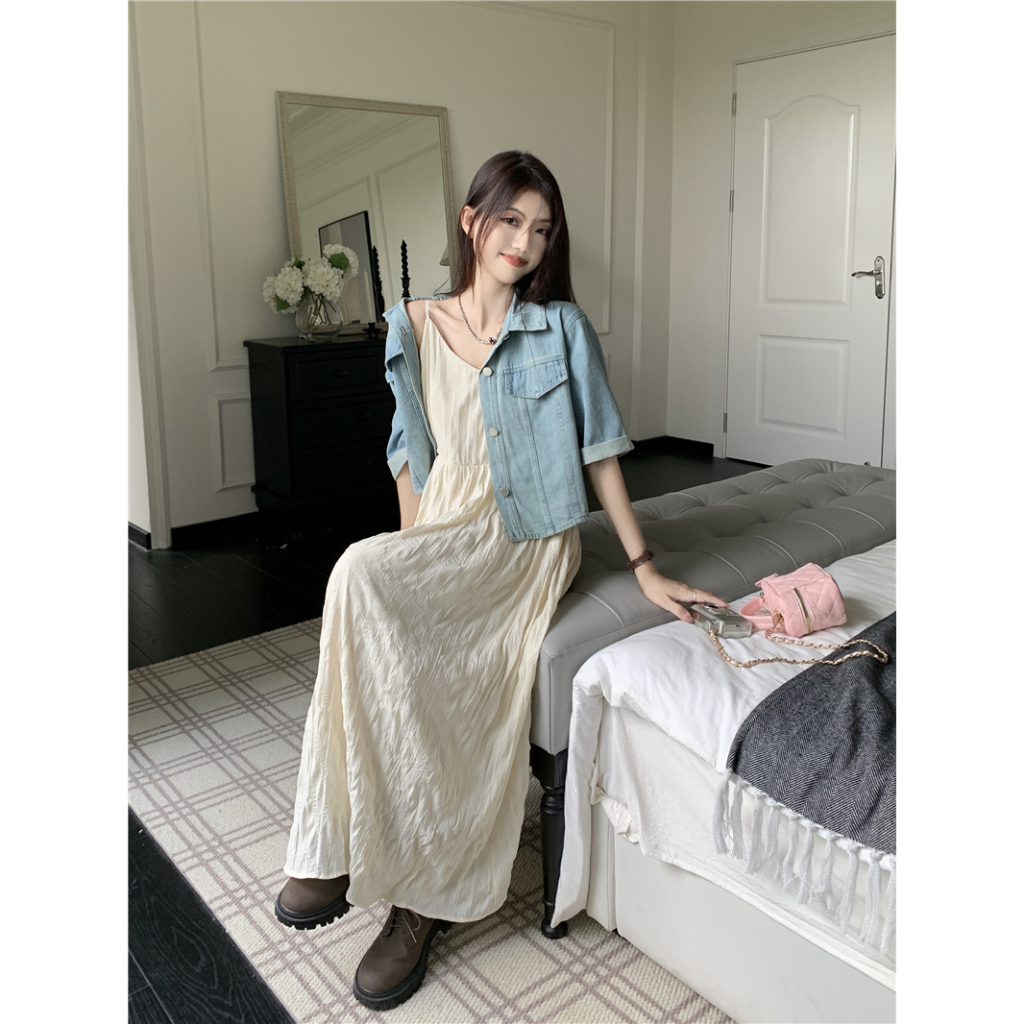 Ethelgirl Áo Khoác Denim Ngắn Tay Dáng Rộng Phối Nút Thời Trang Vintage Hàn Quốc