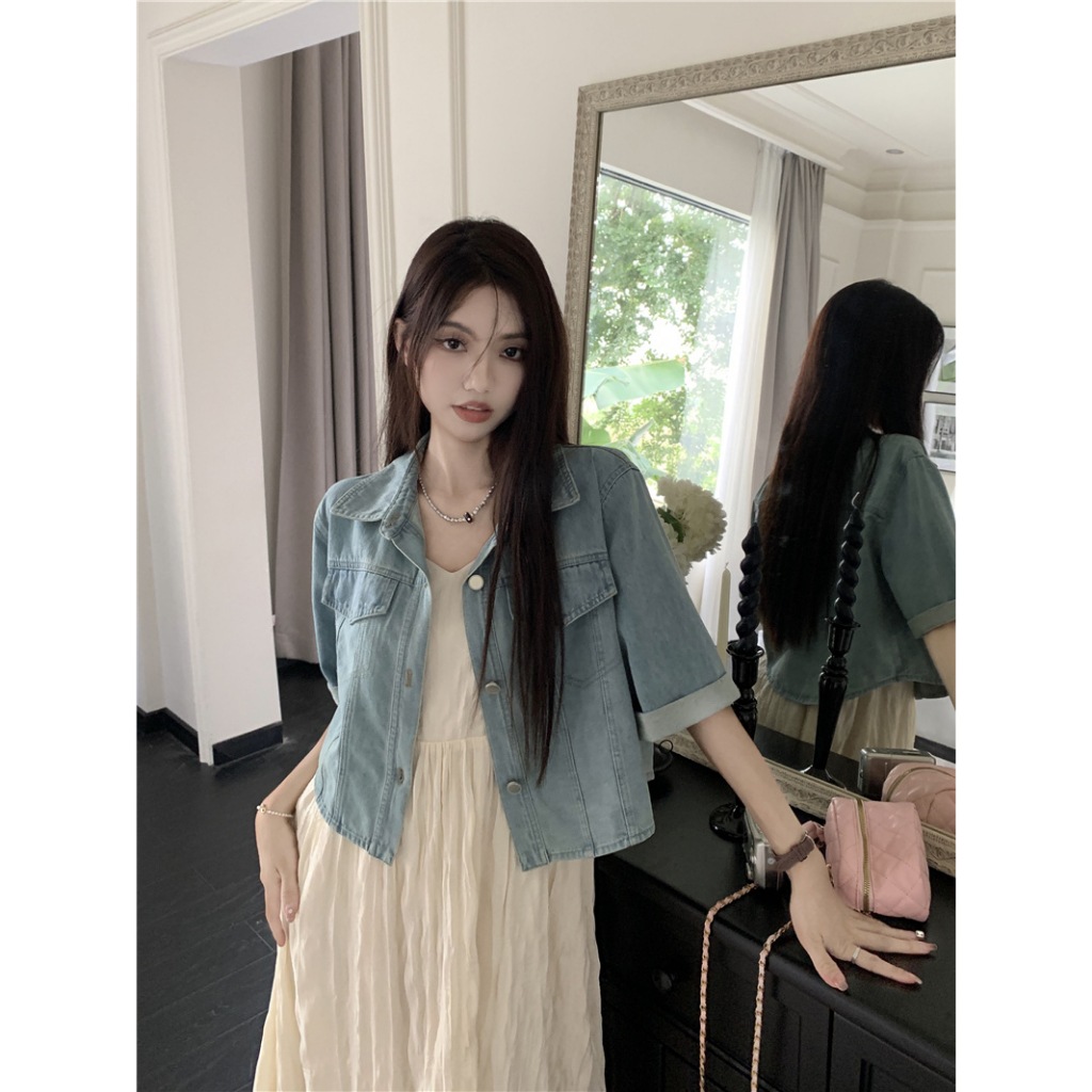 Ethelgirl Áo Khoác Denim Ngắn Tay Dáng Rộng Phối Nút Thời Trang Vintage Hàn Quốc