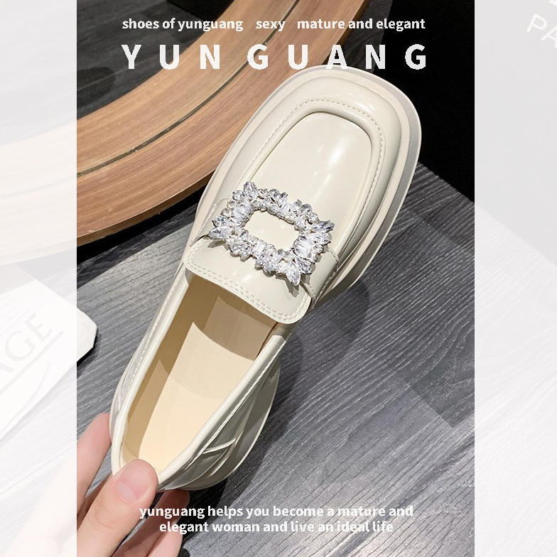Giày da YUNGUANG đế mềm đính đá phối khóa vuông thời trang Hàn Quốc cho nữ