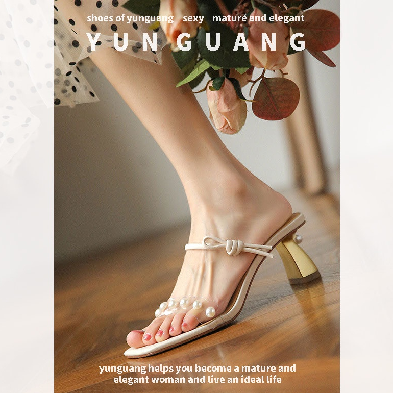 Yunguang Dép Xỏ Ngón Cao Gót Đính Ngọc Trai Thời Trang Dành Cho Nữ