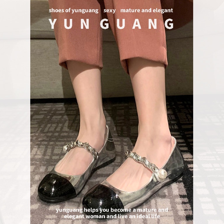Yunguang Giày Mary Jane Mũi Tròn Đế Bằng Màu Sắc Phù Hợp Với Mẹ Phong Cách Pháp Dành Cho Nữ