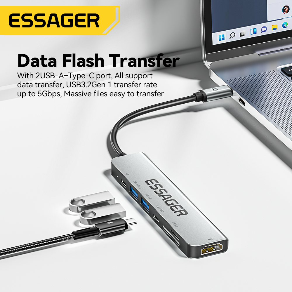 Essager HUB Sạc Nhanh USB HUB 4K 60HZ Cho laptop 78W OTG TF / SD card HUB