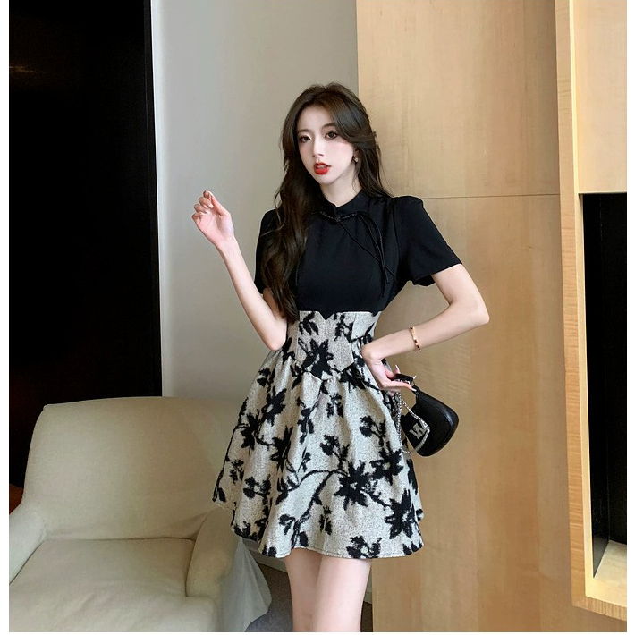 ZHELIHANGFEI Đầm Cổ Đứng Cài Nút Họa Tiết Hoa Chuông Phong Cách Trung Quốc Cổ Điển Thời Trang Mùa Hè Cho Nữ